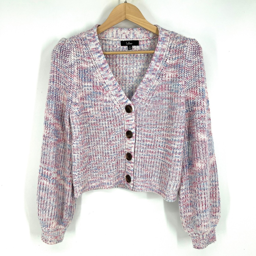 Lulus Womens Space Dye Cropped Cardigan Sweater Pink Blue Size S Puff Sleeve